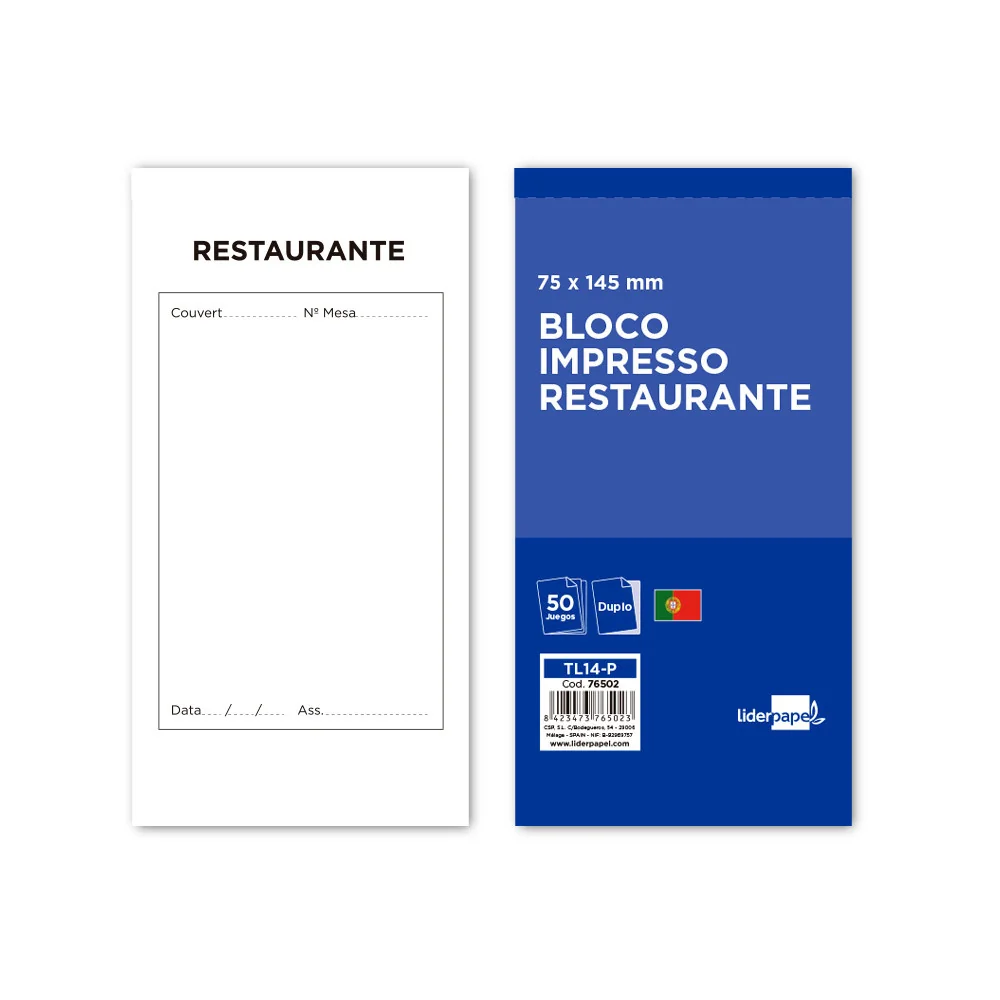 Bloco c/50 Folhas Restaurante 145x75mm Autocopiativo