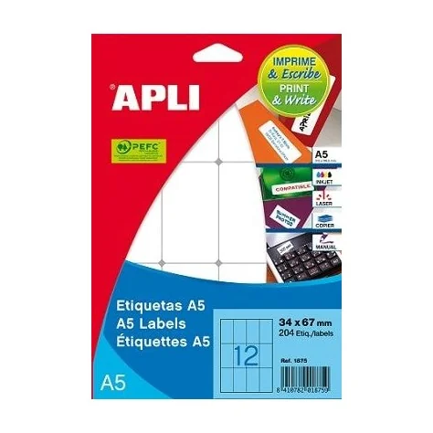 85126001861 - Etiquetas Adesivas Brancas APLI A5 1861 12x30mm 990 Etiq. 12fls