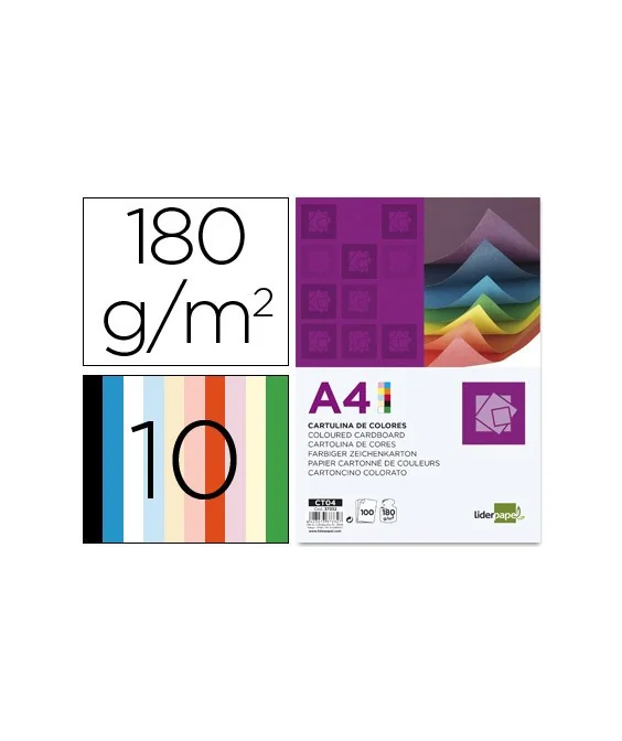 Pack 100 Cartolinas Liderpapel 180g A4 10 Cores Sortidas